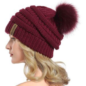 Women Burgundy Soft Acrylic Thick Baggy Knit Winter Faux Fur Pompom Beanie